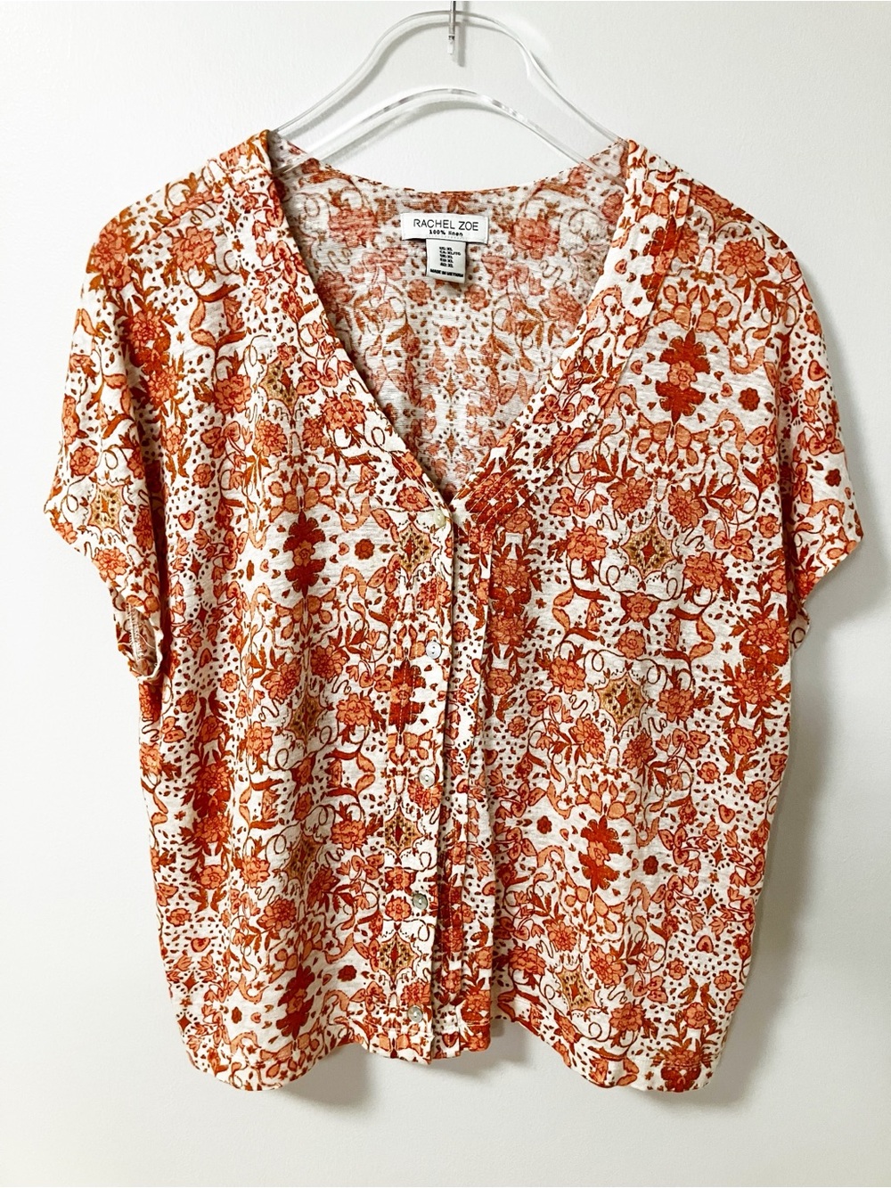 Rachel Zoe | Orange Floral Linen Button Up Top XL Boho Relaxed Spring Summer